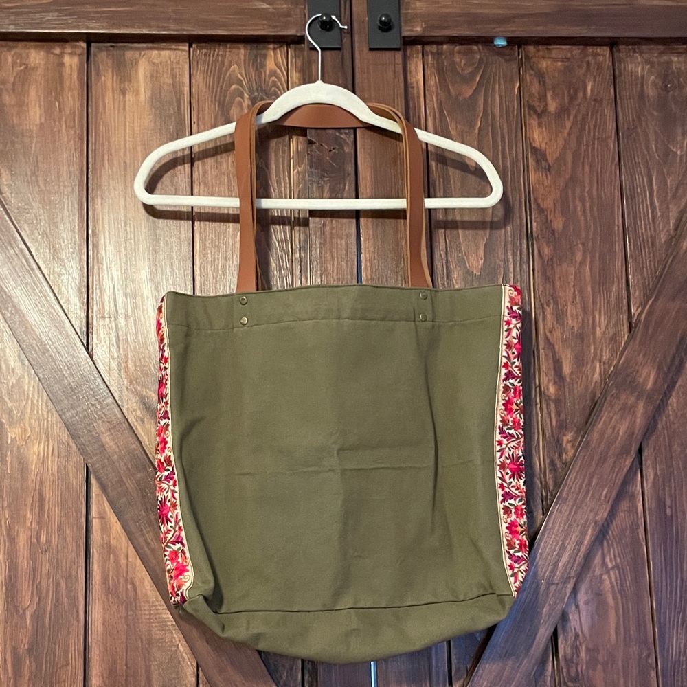 Floral Olive Tote Bag with Tan Straps